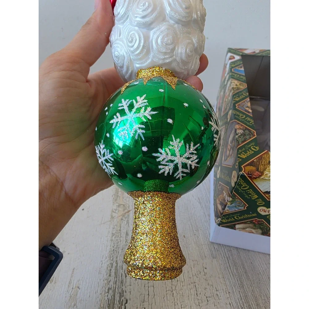 OWC Old world 2005 Santa glitter tree topper ball green gold Xmas tree